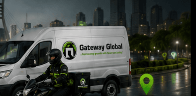 A Gateway Global delivery van and a dispatch rider on a Lagos street at dusk.